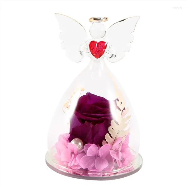 Cadeau de fleurs décoratives pour petite amie Forever Rose dans la couverture en verre d'ange Cadeaux de décoration éternelle pour la maison Mariage Saint Valentin (Violet)