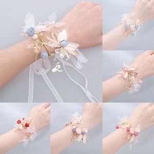 Fleurs décoratives Filles Demoiselle D'honneur Poignet Bracelet De Noce Corsage Main Ruban Rose Perle Arc Bridel Cadeaux