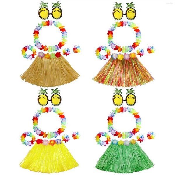 Flores decorativas Niñas Falda de hierba hawaiana Las señoras se visten Gafas de sol de piña Collar novedoso para suministros de favores de fiesta de verano