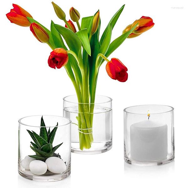 Flores decorativas Jarrones cilíndricos de vidrio de 4 pulgadas de alto - Usos múltiples: candelabros flotantes para velas de pilar o centros de mesa para bodas en floreros