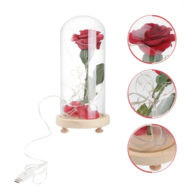 Flores decorativas, cúpula de cristal, lámpara de flores, luz rosa, cadena LED USB, Base de madera, regalo nocturno para boda, San Valentín (Base de madera)