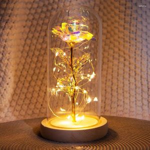 Fleurs décoratives Globe en verre affichage dôme couverture Cloche cloche pot avec LED fleur immortelle Rose conservation Vase Base en bois maison