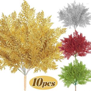 Flores decorativas Brillo Ramas de pino artificiales Planta falsa Adorno de árbol de Navidad Hojas de lentejuelas brillantes doradas Fiesta de Navidad Decoración del hogar