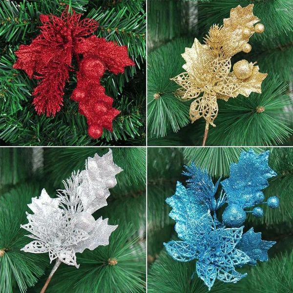 Branches de pin artificielles à paillettes, fleurs décoratives durables, artisanat ajouré, simulation de feuilles de noël, décoration d'arbre en PVC