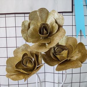 Decoratieve bloemen Glitter Gold Powder Pe Rose Bloem Grote kunstmatige Decoratie Wedding Stage Achtergrond Decor Kerstmis Kerstmis