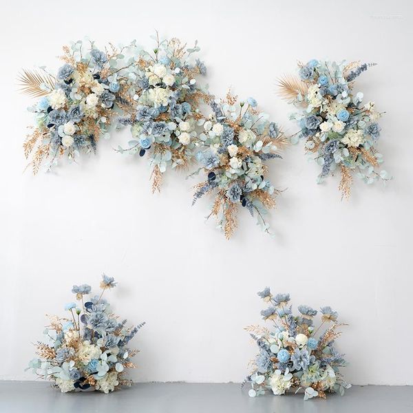 Fleurs décoratives feuille d'or brume bleu étage de mariage Arrangement floral arc accrocher fleur rangée événement scène zone d'accueil décor accessoires Table boule
