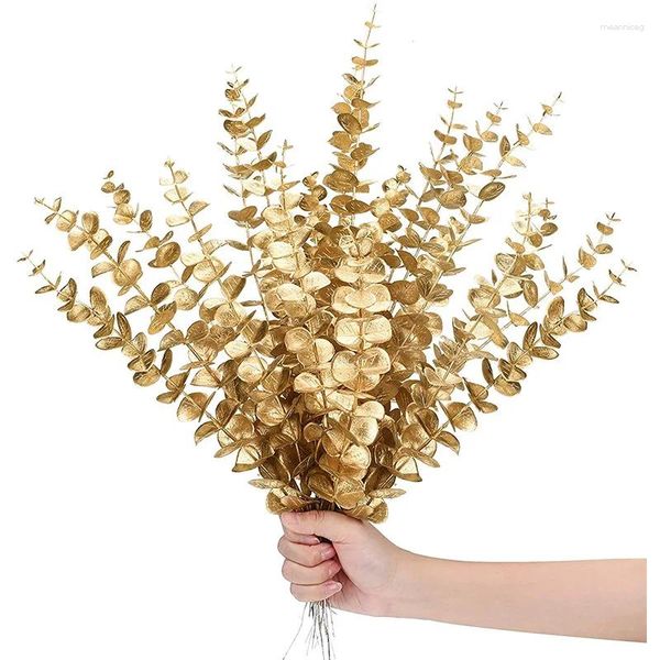 Fleurs décoratives Feuilles d'eucalyptus artificielles dorées Tiges avec gel pour vase Décoration de mariage de fête à domicile Mur de fleurs bricolage en plein air
