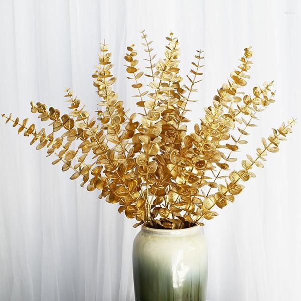 Flores decorativas Eucalipto dorado Rama de plantas artificiales Hojas de plantas falsas Decoración de la boda Ramo de flores Brillo Sala de estar Hogar