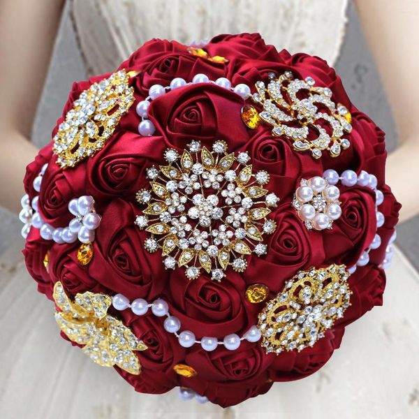 Flores decorativas Broche de diamantes de imitación dorados Ramo de boda para novia Dama de honor Cinta de alta calidad Muchos tamaños y colores W3217G