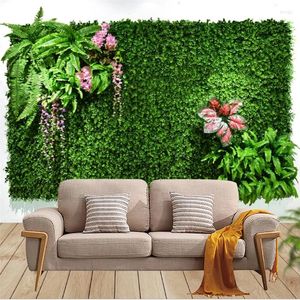 Flores decorativas Plantas artificiales verdes Panel de pared Césped al aire libre de plástico Decoración de alfombras Hogar Telón de fondo de boda Fiesta Flor de hierba 25x25 cm