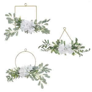 Flores decorativas Hojas verdes Guirnaldas de aro floral blanco Anillo de metal Guirnalda Boda Flor artificial Decoración del hogar Magnífico colgante de pared