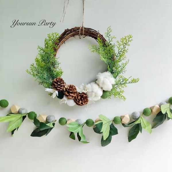 Flores decorativas Greenery Pinecorn Wreath Artificial Floral Decorado Cotton Rattan Circles Baby Nursery Room Tapices de pared