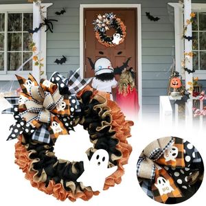 Fleurs décoratives pour Halloween, couronne de ruban à carreaux, porte d'entrée, fenêtre extérieure, noël avec guirlande effrayante