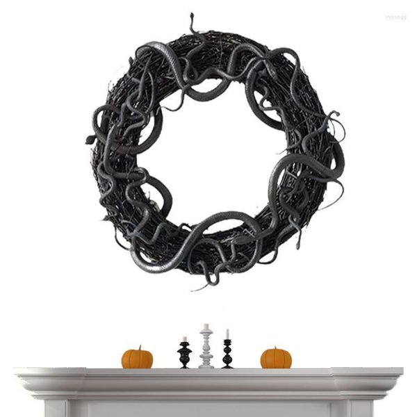 Flores decorativas corona de puerta de Halloween aterrador con ratán y serpientes realistas de guirnaldas para colgar negros para la fiesta de la ventana delantera