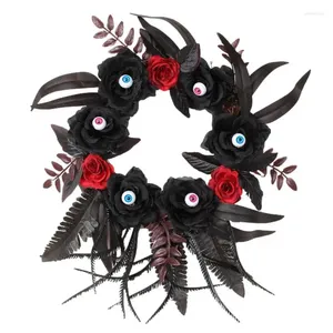 Fleurs décoratives Halloween Feather Couronne de globe oculaire effrayante pour porte d'entrée 13,78 pouces / 35 cm roses artificielles effrayantes décor