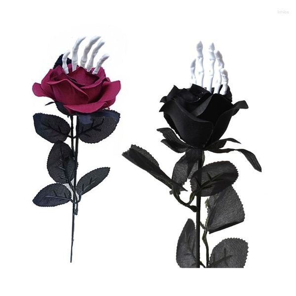 Flores decorativas Flor de Halloween Rose artificial con ramo de seda de hueso de mano para la fiesta de la casa embrujada decoración