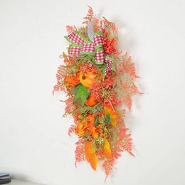 Couronne de fleurs décoratives pour porte d'entrée d'halloween, fausses couronnes artificielles pour décoration, nœud avec citrouille, automne et automne