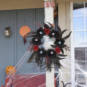 Flores decorativas Corona de telaraña de Halloween con arañas de calaveras para el manto de la ventana de la puerta delantera - Decoraciones para interiores y exteriores