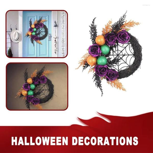 Flores decorativas coronas de halloween ratán negro guirnalda decoraciones colgantes para colgar puerta de la pared en los accesorios de la fiesta W6K0