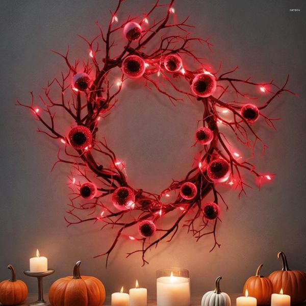 Flores decorativas, guirnalda de Halloween, colgante para puerta, globo ocular de madera muerta, decoración festiva con luces Led para pared, ventana frontal