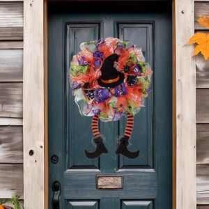 Couronne de fleurs décoratives d'halloween, pour porte d'entrée, décor en maille, guirlande à deux longues jambes faite à la main, cintre pour fenêtre de Festival, porche