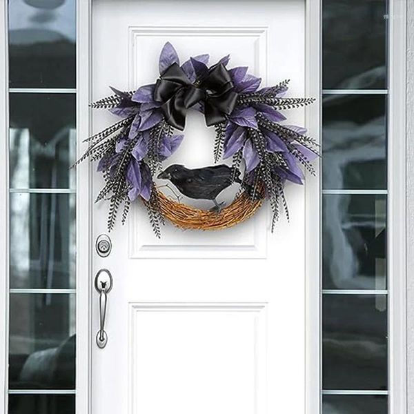 Flores decorativas, corona de Halloween para puerta delantera, cuervo con pajarita, decoración de vid Artificial