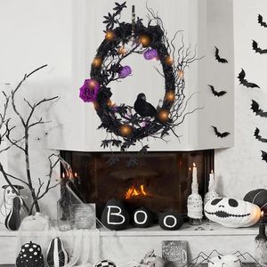 Fleurs décoratives Simulation de guirlande d'Halloween et branches Black Crow Rose avec lumière suspendue effrayant guirlande décoration Party Favors