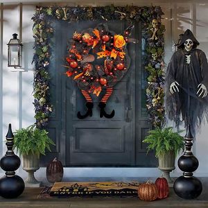Fleurs décoratives Halloween guirlande avec lumières LED porte guirlande suspendue décoration citrouille sorcière chapeau jambe Festival fête décor