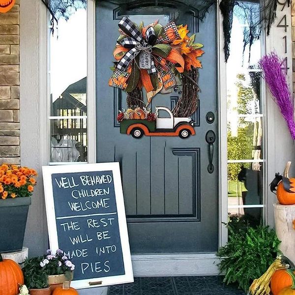 Couronne de fleurs décoratives pour Halloween, camion de citrouille en bois fait à la main, 30x30x4cm, récolte d'automne, décorations de ferme Vintage pour Thanksgiving