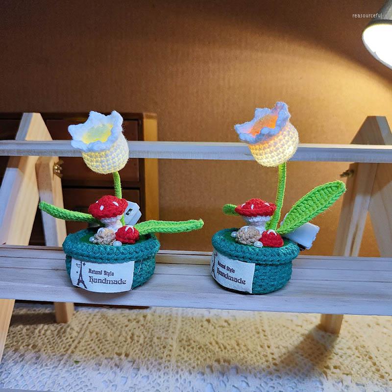 Decorative Flowers Hand-Knitted Mushroom Table Lamp Artificial Lights Crochet Original Gifts For Girlfriend Room Home Office Desktop Decor