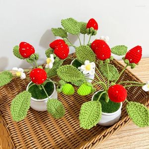 Fleurs décoratives tricotées à la main, fleur de fraise Orange, plantes en Pot au Crochet, décor de Pot fini fait maison