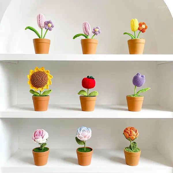 Flores Decorativas Simulación Tejida A Mano Planta En Maceta Creativa Linda Muñeca Ramo De Rosas Hogar Dormitorio Oficina Escritorio Decoración Pequeña