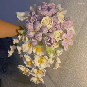 Fleurs décoratives tricotées à la main Bouquet de tulipes boule de fleurs avec ficelle Rose Calla Lily campanule laine fini cadeau d'anniversaire de mariage