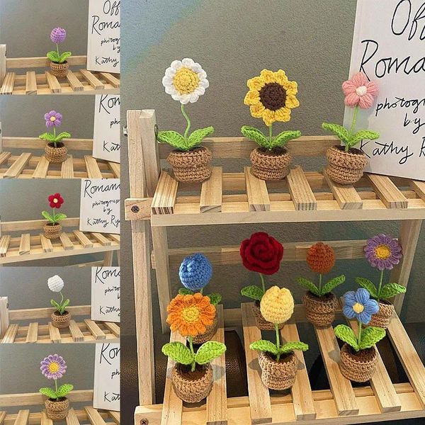 Flores decorativas de tejido a mano plantas en macetas de rosa girasol tulipanes de crochet decoración de escritorio de flores accesorios para interiores decoración del automóvil