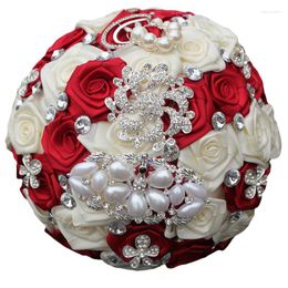 Flores decorativas hechas a mano, ramo de rosas de seda de 17cm para boda con perlas y cristales, se puede personalizar