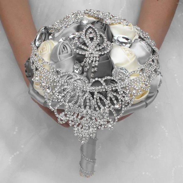 Flores decorativas hechas a mano de 18 cm Cerona de cristal Rose Rose Rose sosteniendo un ramo con la decoración de la boda del diamante