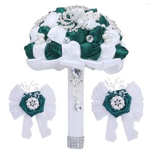 Fleurs décoratives faites à la main 18 cm soie rose bouquet de mariage tenue artificielle avec strass et broche en cristal ensemble de fleurs de poignet