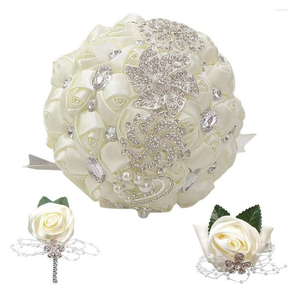 Fleurs décoratives faites à la main 18cm mariage bouquet de roses en soie artificielle avec cristaux et strass tenant broche ensemble de fleurs de poignet