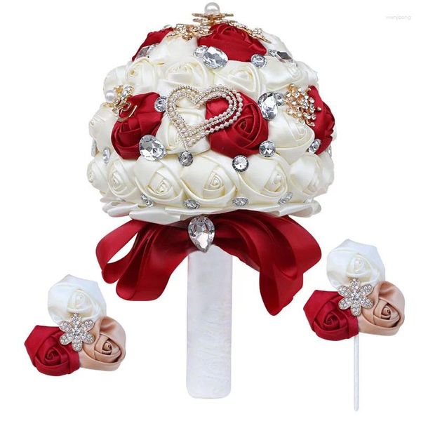Des fleurs décoratives fabriquées à la main 20 cm de bouquet de rose en soie avec un ensemble de tenue artificielle de strass et de cristaux