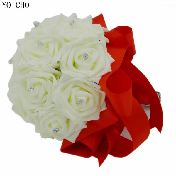 Flores decorativas hechas a mano de boda de marfil bouquet rojo seda de seda de seda nupcial suministros de diamantes de imitación rosa al por mayor