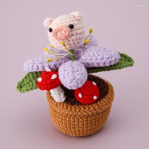 Fleurs décoratives tissées à la main plante en pot Kawaii dessin animé cochon Crochet Pot de fleur avec lampe à LED ornement de bureau décor de chambre créatif à la main