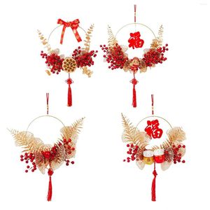 Decoratieve bloemen Handcraft Chinese jaar krans met knoop Tassel Fu karakter versiering hangende slinger voor deurboomdecoratie