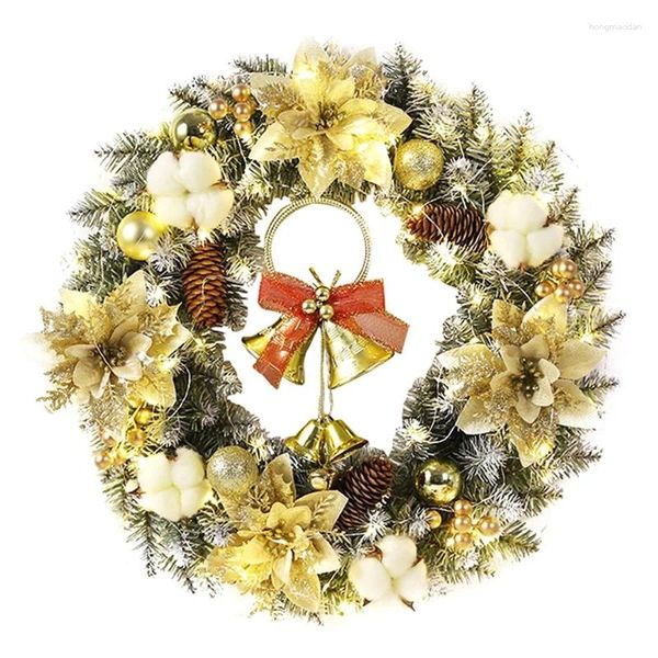 Flores decorativas Corona navideña hecha a mano con agujas de pino con piñas y luces LED con detalles dorados: decoración perfecta para las fiestas, fácil de instalar