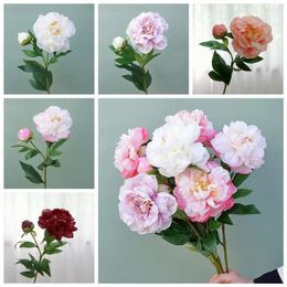 Fleurs décoratives faites à la main 2 têtes Peony Silk Artificiel Flexible Flower Arrangement Bouquet Mariage