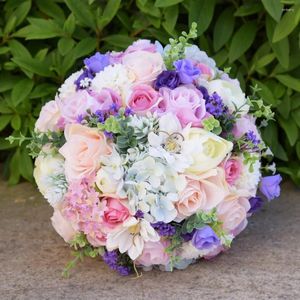 Fleurs décoratives faites à la main 25cm 22cm 18cm violet rose blanc couleur mixte fleur rose rubans bouquet de fleurs artificielles tenue de mariage