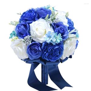 Decoratieve bloemen handgemaakt 25 cm blauwe en witte gemengde bloesem roze linten kunstmatige bloemboeket bruiloft decor houd vast