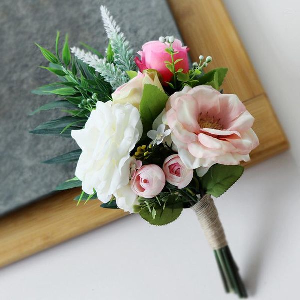 Fleurs décoratives à la main artificielle bouquet de mariée chaise dos fleur église banquet mariage décor bouquet couverture guirlande rose W ruban