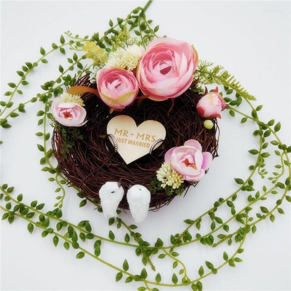 Fleurs décoratives faites à la main nid d'oiseau anneau de mariage oreiller forêt Style romantique rose camélia fleur décoration support pour 15cm