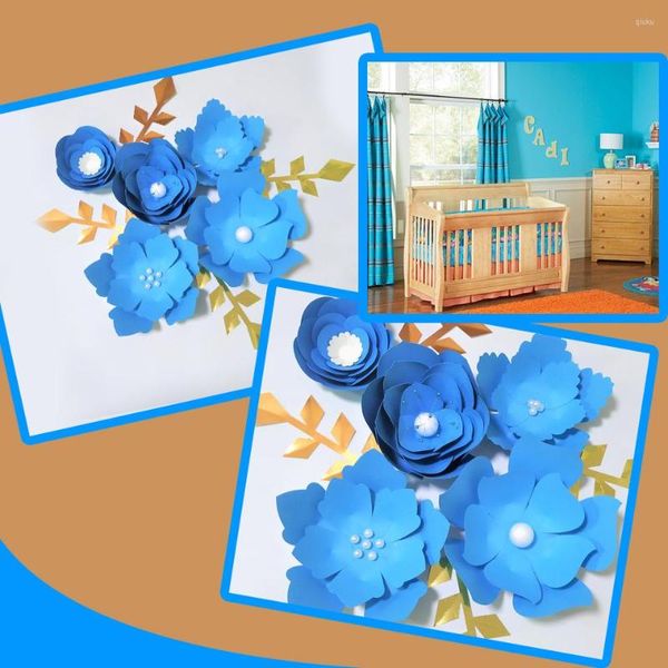 Flores decorativas hechas a mano en azul, papel de bricolaje fácil de hacer, juego de hojas doradas para decoración de pared de guardería, telón de fondo para habitación de bebés y niños, tutoriales en vídeo