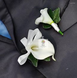 Decoratieve bloemen handgemaakte corsages witte pu calla lelie kunstmatige bloem bruiloft benodigdheden bruidegom boutonniere bruid bruidsmeisje handpols